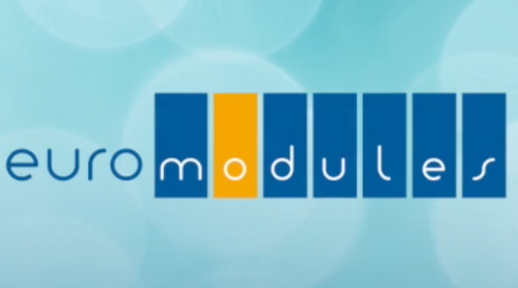 Logo de la société Euromodules : euro écrit en bleu foncé sur fond bleu clair, les lettres suivantes sont écrites en blanc dans des rectangles bleus foncés, représentant des modules. Seul rectangle du O est orange.