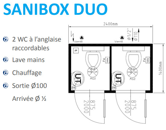 Plan d'un bungalow sanitaire avec 2 toilettes à l'anglaise par Allomat