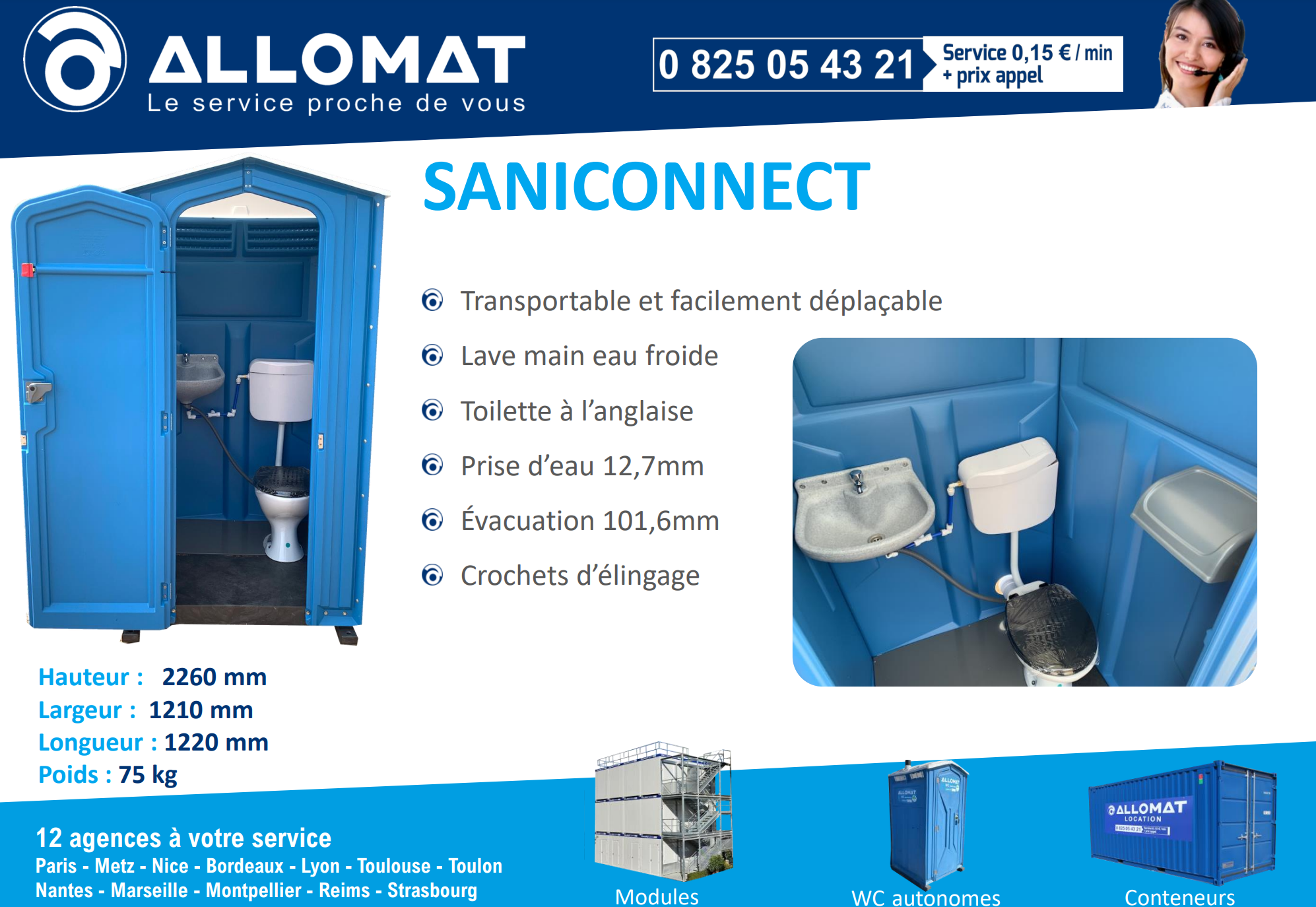 La fiche descriptive d'un Saniconnect, WC raccordable d'Allomat.