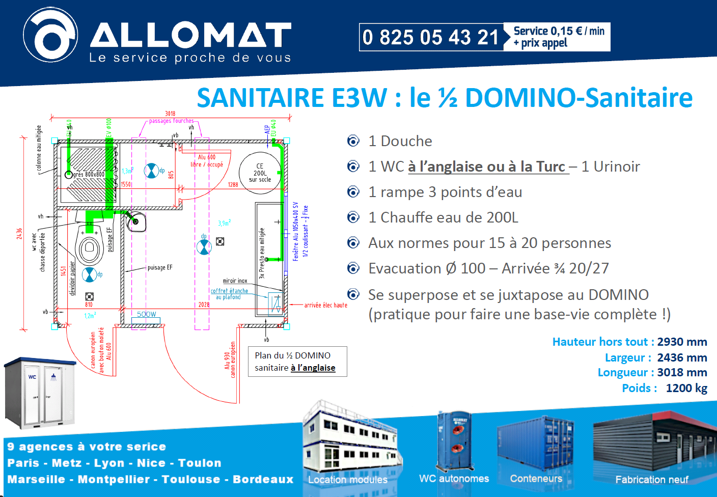 Fiche descriptive du 1/2 DOMINO sanitaire d'ALLOMAT pour les chantier jusqu'à 12 personnes