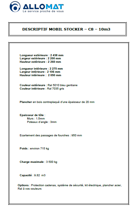 Descriptif technique conteneur de stockage allomat 8 pieds