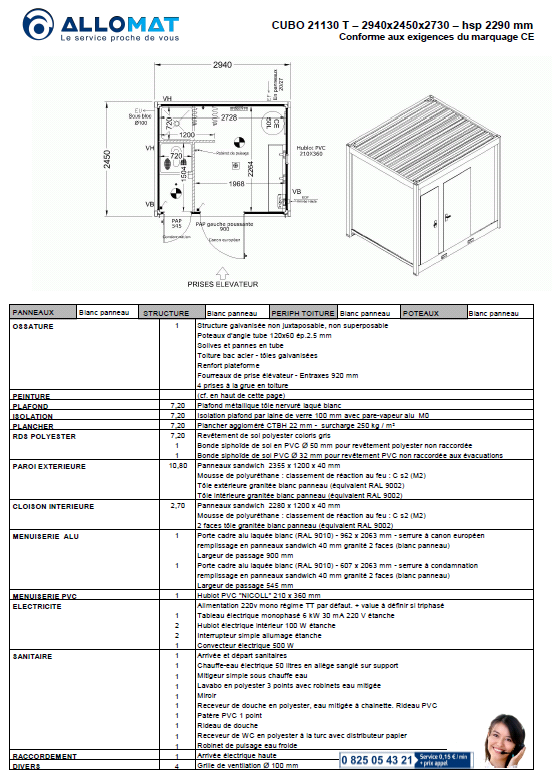 Descriptif technique module CUBO 21130t allomat à la vente
