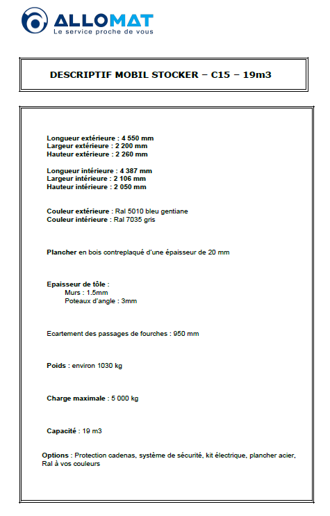 Descriptif technique conteneur de Stockage 15 pieds