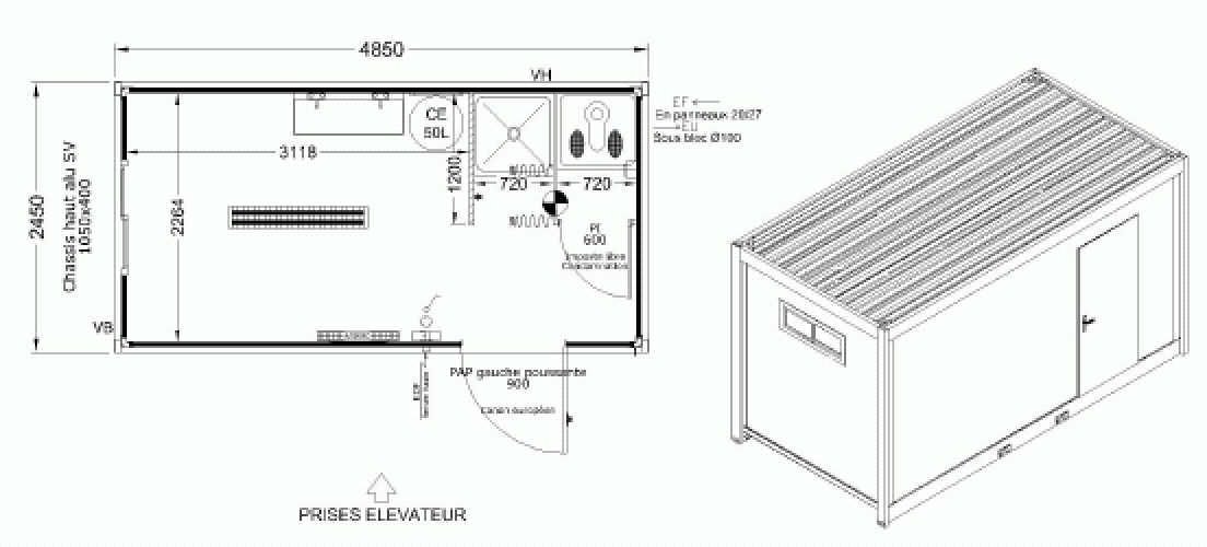 Cubo sanitaire 5m x 2.45m douche WC