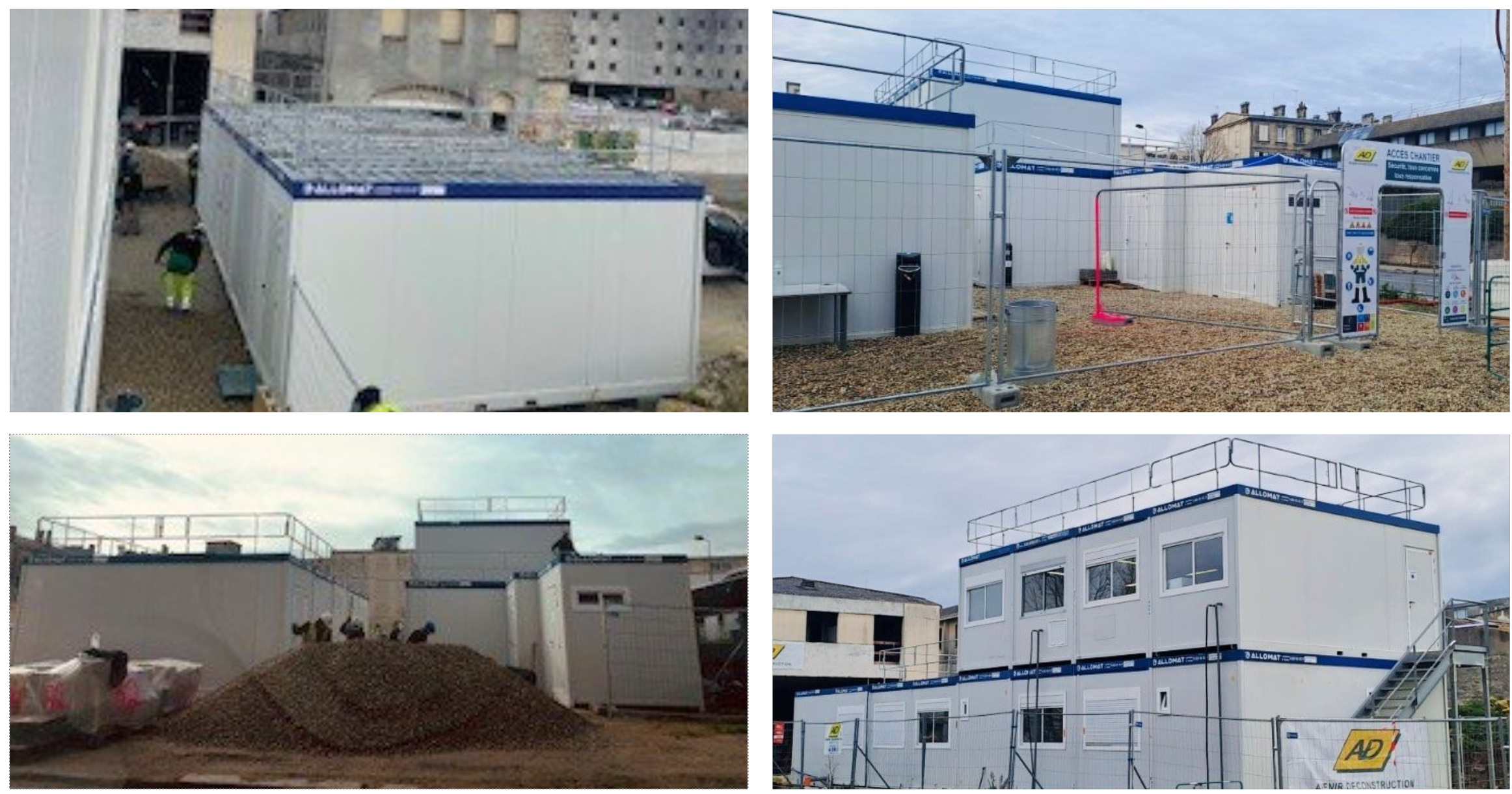 Différentes constructions modulaires au sein d'un même chantier, avec un portail d'entrée, du R+1, des garde-corps au-dessus des modules, des escaliers