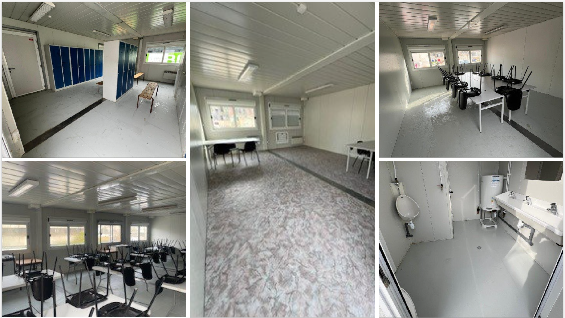 Différents intérieurs d'une base vie de chantier Allomat : des vestiaires avec des bancs, un réfectoires avec tables et chaises, un salle de réunions avec des tables rectangulaires disposées en U et des chaises autour.