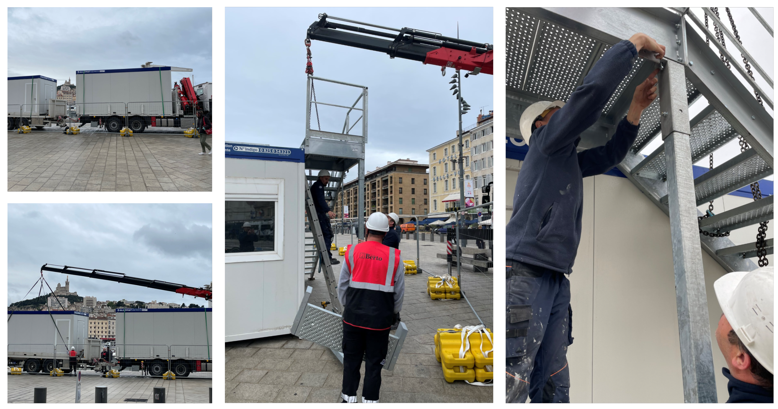 Montage de plusieurs photos : la première présente des modules de construction temporaire Allomat sur un camion avec Notre-Dame de la Garde apparaissant entre les modules. La deuxième montre le grutage d'un de ces modules qui est soulévé du camion. La troisième représente trois ouvriers qui solidarisent un escalier en métal à une construction modulaire temporaire. La quatrième photo est un zoom sur un ds ouvriers en train de boulonner l'escalier.