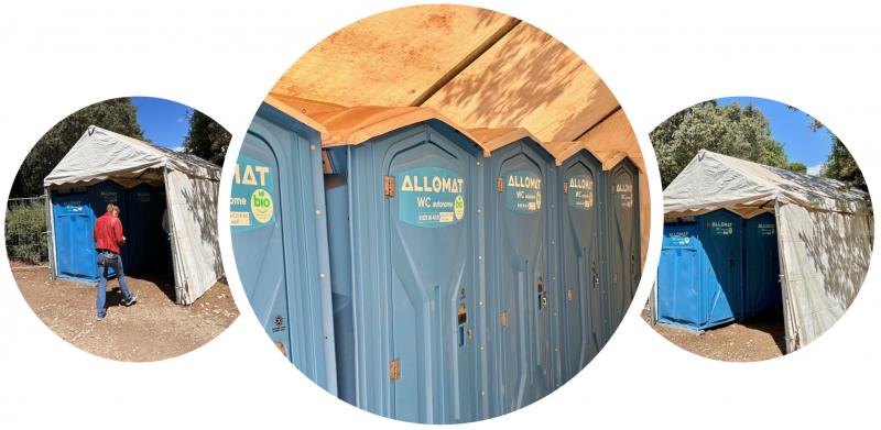 Un montage de 3 photos de formes rondes : sur la première une dame habillée en jean bleu et veste rouge, les cheveux longs, entre dans une grande tente blanche contenant des toilettes autonomes allomat