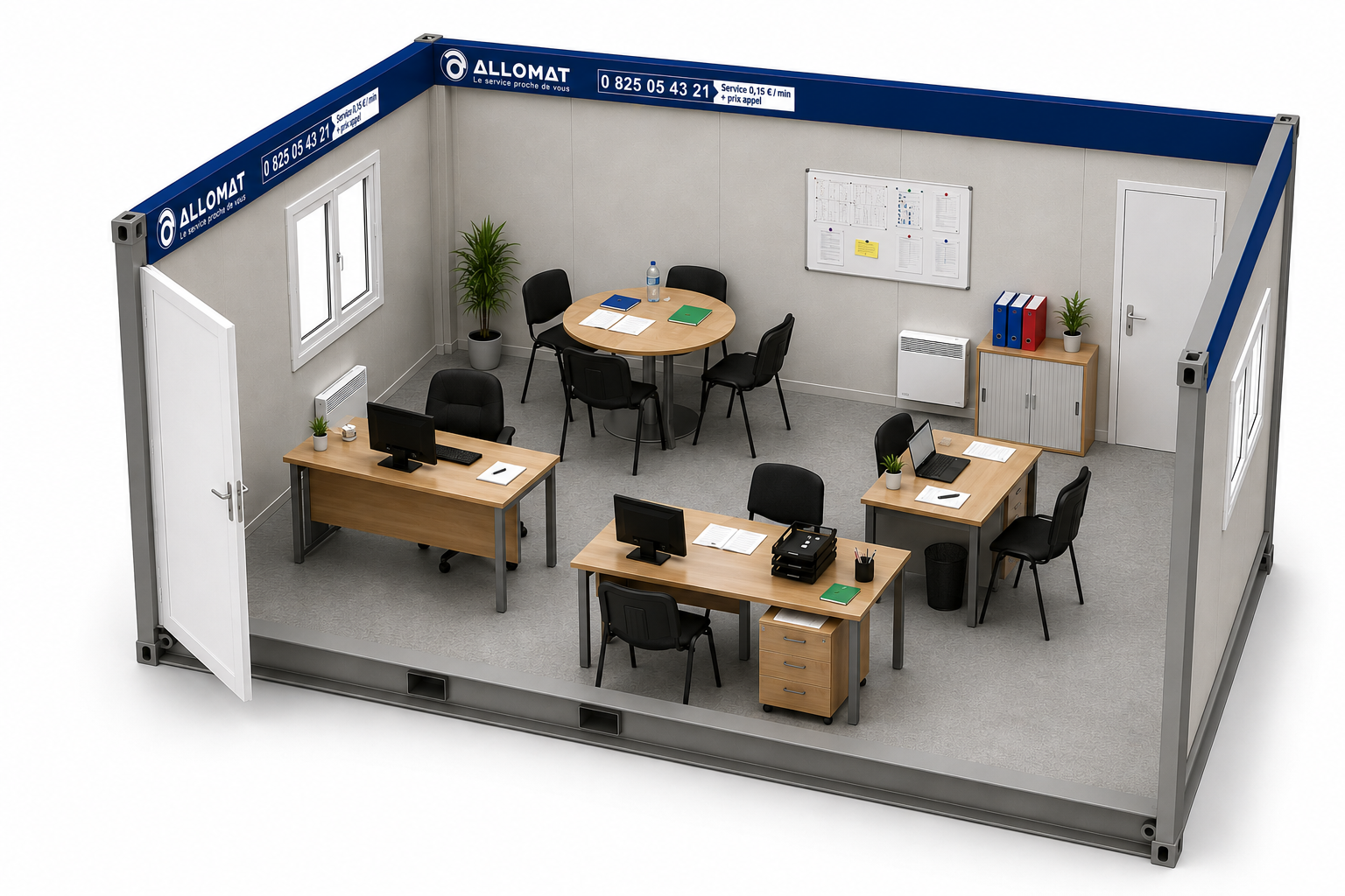 Sch&eacute;ma 3D d&rsquo;un bureau modulaire am&eacute;nag&eacute; avec tables, chaises, rangements et structure de bungalow modulaire pour chantier.
