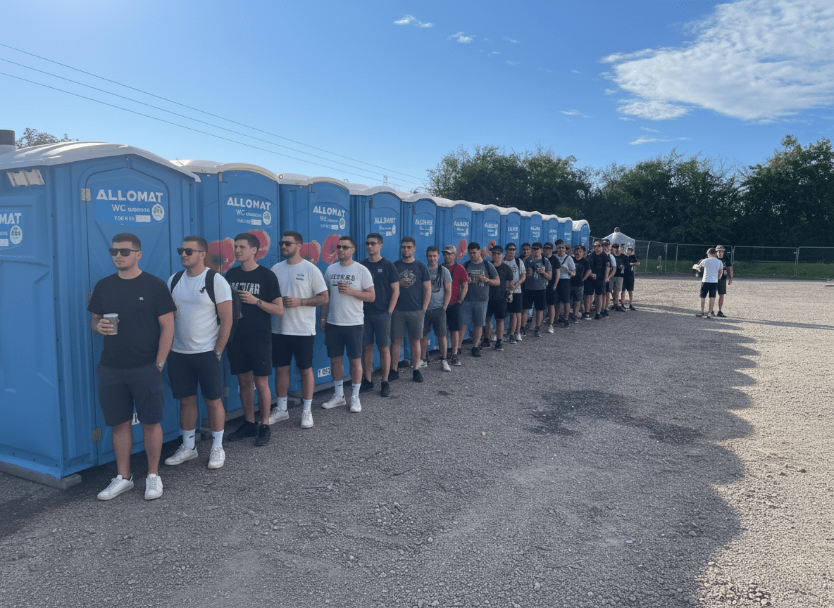 Groupe d’hommes faisant la queue devant des sanitaires mobiles Allomat lors d’un événement en extérieur.