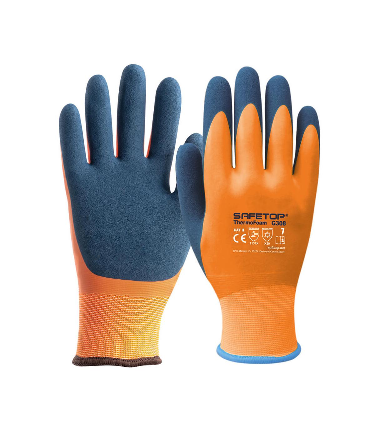 Gants de protection orange et bleu en latex doublé pour le froid