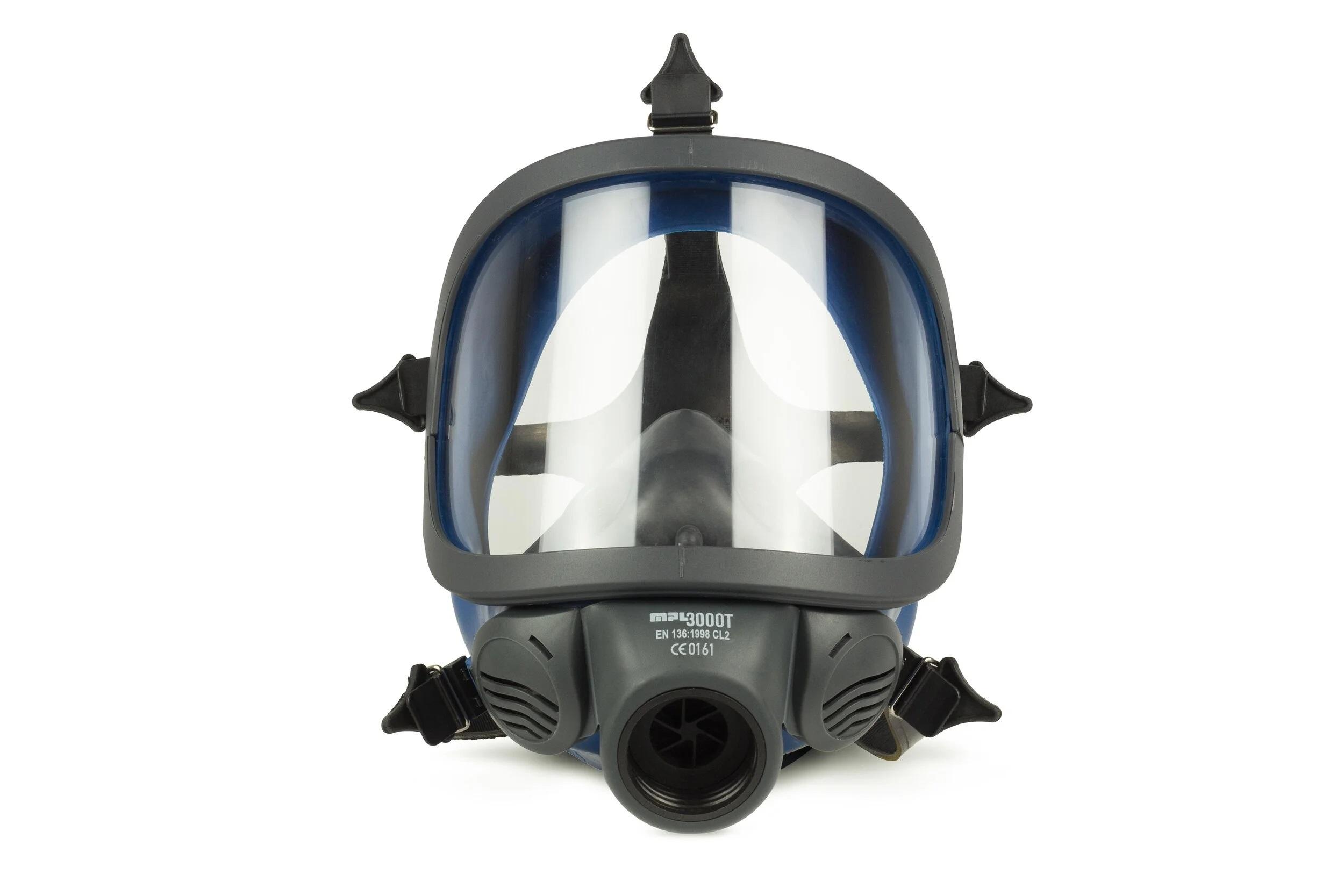 Masque respiratoire panoramique bleu avec visière intégrale et cartouches filtrantes