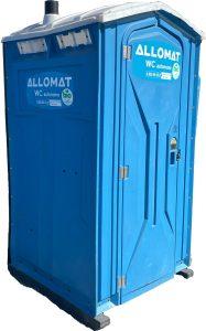 Cabine de WC chimique autonome Allomat de couleur bleue, avec logo BIO.
