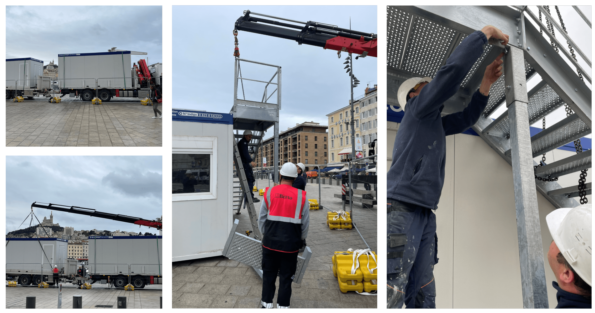 Installation par grue d'un module pour location bureau de chantier, avec ouvriers.