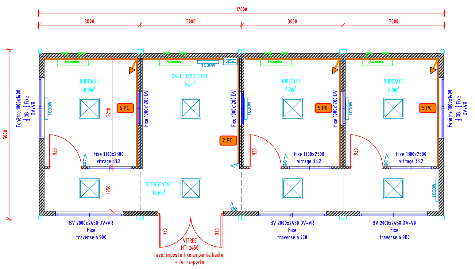 Plan technique d'un module bureau préfabriqué avec trois bureaux et salle d'attente.