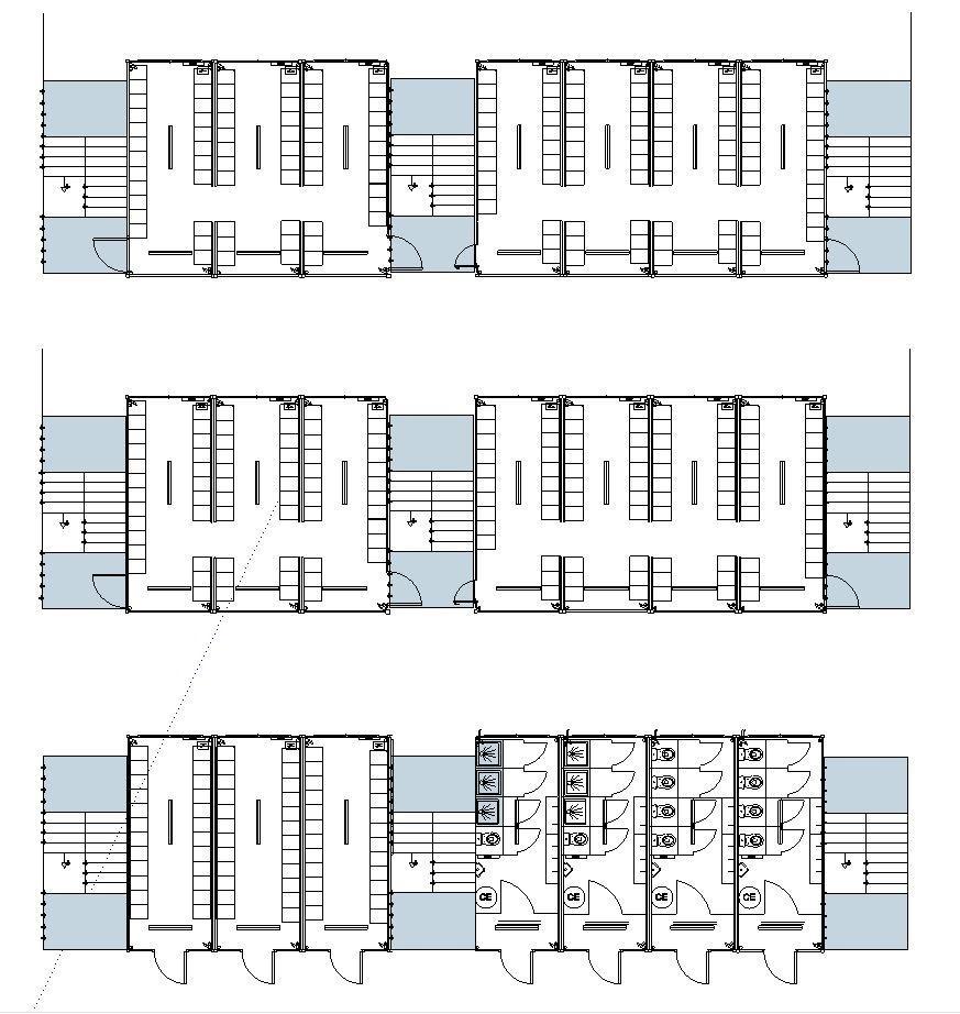 Plan technique des aménagements de vestiaire chantier et sanitaires modulaires sur trois niveaux.